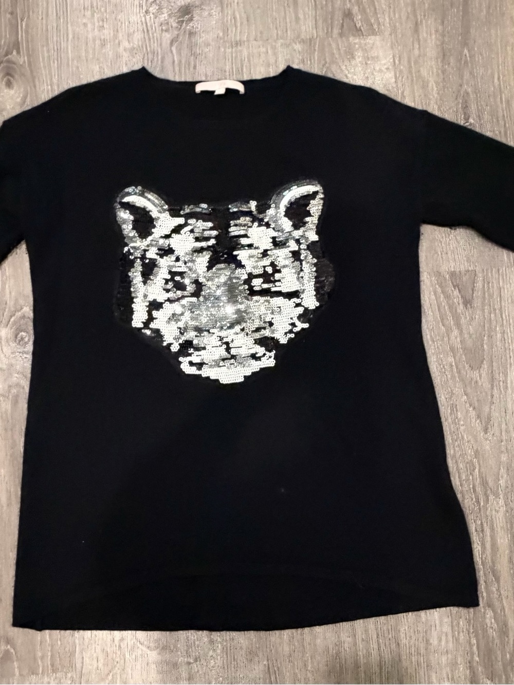Black Cashmere Project sweater with Silver Sequin Tiger
